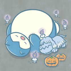 Rule 34 | absurdres, buried, closed eyes, commentary request, creatures (company), game freak, gen 1 pokemon, greavard, grey background, halloween, highres, jack-o&#039;-lantern, momo irone, nintendo, no humans, official art, open mouth, pokemon, pokemon (creature), pumpkin, simple background, sleeping, snorlax