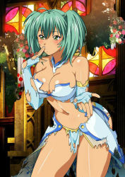 Rule 34 | 00s, 1girl, alternate costume, bare legs, bare shoulders, blush, breasts, cleavage, elbow gloves, eyebrows hidden by hair, eyes visible through hair, female focus, gloves, green eyes, green hair, hair between eyes, hands up, ikkitousen, indoors, large breasts, leaning, leaning forward, looking to the side, matching hair/eyes, midriff, navel, neck, official art, ryofu housen, solo, standing, strapless, thick thighs, thighs, torn clothes, twintails