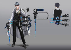 Rule 34 | 1boy, absurdres, bead necklace, beads, belt, belt buckle, black footwear, blue eyes, buckle, chain, character sheet, closed mouth, coat, coat on shoulders, earrings, glasses, gloves, glowing, gradient background, grey hair, highres, holding, holding weapon, jewelry, male focus, neck tattoo, necklace, original, panamuru, pouch, solo, standing, talisman, tattoo, weapon, white coat, white gloves