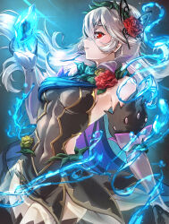 Rule 34 | 1girl, absurdres, bare shoulders, black thighhighs, clear glass (mildmild1311), corrin (female) (fire emblem), corrin (fire emblem), covered navel, dragonstone, dress, fire emblem, fire emblem fates, fire emblem heroes, flower, glowing, grey hair, hair flower, hair ornament, hairband, highres, nintendo, official alternate costume, pointy ears, red eyes, rose, see-through, short dress, solo, teeth, thighhighs, thorns, water, zettai ryouiki
