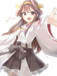 Rule 34 | 1girl, ahoge, brown skirt, cowboy shot, double bun, hair bun, hakama, hakama skirt, headgear, highres, japanese clothes, kantai collection, kongou (kancolle), nontraditional miko, one-hour drawing challenge, outstretched arms, ribbon-trimmed sleeves, ribbon trim, simple background, skirt, smile, solo, white background, wiwo