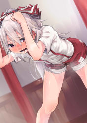 Rule 34 | 1girl, absurdres, arms up, bent over, blush, bow, breasts, dutch angle, embarrassed, fujiwara no mokou, hair bow, hair ornament, half-closed eyes, have to pee, highres, indoors, jpeg artifacts, looking back, looking to the side, onsen mikan, open mouth, pee stain, peeing, peeing self, ponytail, purple eyes, red bow, red shorts, shiny skin, shirt, short shorts, short sleeves, shorts, silver hair, small breasts, solo, spread legs, standing, steam, suspenders, sweat, teeth, touhou, wet, wet clothes, white shirt