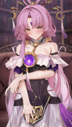 Rule 34 | 1girl, absurdres, bare shoulders, blurry, blurry background, blush, book, bookshelf, bow-shaped hair, brown eyes, chest jewel, closed mouth, constellation print, couch, dress, forehead jewel, fu xuan (honkai: star rail), hair ornament, hair stick, highres, holding own arm, honkai: star rail, honkai (series), long hair, looking at viewer, low twintails, oreazu, parted bangs, purple hair, sleeveless, solo, strapless, strapless dress, too many, too many books, twintails, upper body