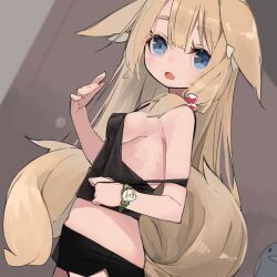Rule 34 | :o, animal ears, bare arms, bare shoulders, black camisole, blonde hair, blue eyes, breasts, camisole, cowboy shot, crop top, ears down, expressionless, eyelashes, fang, fox ears, fox girl, fox tail, from side, fujiwara gacho, hair between eyes, hair bobbles, hair ornament, hand up, long hair, looking at viewer, midriff, no bra, open mouth, original, pulling own clothes, see-through, see-through shirt, sideboob, skin fang, small breasts, strap pull, tail, turning head, wristband