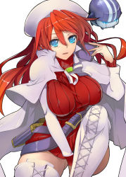 Rule 34 | 1girl, aty, aty (summon night), belt, blue eyes, boots, breasts, hat, highres, large breasts, looking at viewer, pupps, red hair, simple background, smile, solo, summon night, summon night 3, thigh boots, thighhighs, white background, white footwear, white thighhighs, zettai ryouiki