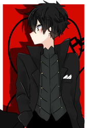 Rule 34 | amamiya ren, artist request, black eyes, black hair, black jacket, blush, hands in pockets, highres, jacket, looking to the side, persona, persona 5, red background, source request, tagme, upper body