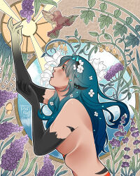 Rule 34 | 1girl, animal ears, arms up, art nouveau, artist logo, bird, blue hair, chai rae, commentary, cow ears, cow horns, dated, english commentary, from side, gradient hair, highres, horns, looking up, making-of available, multicolored hair, original, parted lips, sparrow, topless, upper body