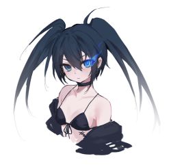 Rule 34 | 1girl, bare shoulders, bikini, black bikini, black choker, black hair, black rock shooter, black rock shooter (character), blue eyes, breasts, choker, commentary request, cropped torso, front-tie bikini top, front-tie top, hair between eyes, kitere, long hair, off shoulder, simple background, small breasts, solo, swimsuit, twintails, upper body, white background