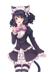 Rule 34 | 1girl, :d, animal ears, bell, black dress, black hair, blush, bow, cat ears, cat girl, cat tail, cyan (show by rock!!), dress, fang, frilled hairband, frills, gothic lolita, green eyes, hair between eyes, hairband, jingle bell, juliet sleeves, lolita fashion, long sleeves, looking at viewer, makiaato, open mouth, pantyhose, pink bow, puffy sleeves, ringlets, show by rock!!, simple background, smile, solo, striped clothes, striped pantyhose, tail, white background, white hairband
