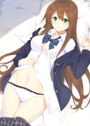 Rule 34 | blazer, bowtie, breasts, brown hair, checkered clothes, checkered skirt, cleavage, clothes pull, collared shirt, from above, green eyes, highres, jacket, long hair, open clothes, open shirt, original, panties, partially unbuttoned, partially undressed, raitho, school uniform, shirt, skirt, skirt pull, stomach, striped bow, striped bowtie, striped clothes, tagme, underwear, very long hair, white panties