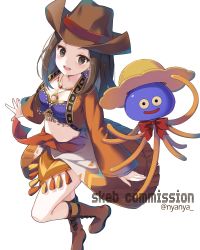 Rule 34 | 1girl, :d, black hair, black legwear, boots, bow, breasts, brown eyes, brown footwear, brown headwear, brown jacket, character request, cleavage, collarbone, commentary request, commission, cowboy hat, cropped jacket, dragon quest, earrings, fringe trim, hat, highres, healslime, jacket, jewelry, long hair, long sleeves, looking at viewer, medium breasts, navel, necklace, nyanya, open clothes, open jacket, open mouth, parted bangs, red bow, simple background, skeb commission, sleeves past wrists, slime (creature), smile, socks, twitter username, white background, wide sleeves
