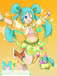 Rule 34 | birthday, blue eyes, boots, bracelet, candle, chibi, drawstring, hair rings, hat, hatsune miku, headphones, jewelry, jumping, long hair, magyo, one eye closed, open mouth, party hat, single thighhigh, skirt, solo, spring onion, star (symbol), striped clothes, striped thighhighs, thighhighs, twintails, vocaloid, wand, wings, wink
