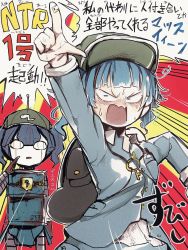 Rule 34 | 1girl, backpack, bag, blue eyes, blue hair, blue shirt, blunt bangs, commentary request, female focus, flat cap, green hat, hat, highres, kawashiro nitori, key, long sleeves, medium hair, open mouth, piaki, pocket, pointing, pointing up, robot, shirt, solo, standing, touhou, translation request, twintails, two side up