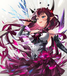 Rule 34 | 1girl, :d, asymmetrical sleeves, bare shoulders, blue eyes, blush, breasts, commentary, cowboy shot, detached sleeves, detached wings, dress, floating hair, flower, heterochromia, highres, holding, holding microphone, hololive, hololive english, irys (hololive), kito koruta, long hair, long sleeves, medium breasts, microphone, mismatched sleeves, nail polish, open mouth, petals, pointy ears, red eyes, red flower, red nails, signature, smile, solo, standing, very long hair, virtual youtuber, white dress, wings