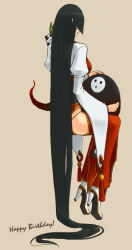 Rule 34 | 1girl, absurdly long hair, alternate costume, arakune, arc system works, black hair, blazblue, blazblue: calamity trigger, china dress, chinese clothes, collair, collair (cono), dress, female focus, floating, from behind, hair down, happy birthday, high heels, invisible chair, lao jiu, litchi faye ling, long hair, monster, panda, pants, shoes, sitting, sitting on lap, sitting on person, very long hair, wide sleeves