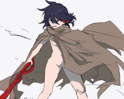 Rule 34 | 1girl, black hair, breasts, cape, dated, hair between eyes, highres, holding, holding sword, holding weapon, kill la kill, matoi ryuuko, medium breasts, multicolored hair, nude, pussy, red hair, scissor blade (kill la kill), short hair, solo, streaked hair, sword, takatisakana, two-tone hair, weapon, wind, wind lift