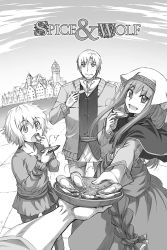 Rule 34 | 1girl, 2boys, :d, capelet, copyright name, craft lawrence, day, dress shirt, eating, fang, floating hair, food, greyscale, hair between eyes, highres, holding, holding food, holo, koume keito, long hair, long skirt, long sleeves, monochrome, multiple boys, official art, open mouth, outdoors, pants, shirt, short hair, skirt, smile, spice and wolf, tote col, vest