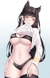 Rule 34 | 1girl, absurdres, animal ears, atago (azur lane), atago (stunning speedster) (azur lane), azur lane, bad id, bad pixiv id, bikini, bikini under clothes, black bikini, breasts, brown hair, buttons, cleavage, clothes in mouth, commission, double-breasted, erbium, extra ears, highleg, highleg bikini, highres, jacket, large breasts, long hair, looking at viewer, mole, mole under eye, mouth hold, race queen, ribbon, simple background, solo, swimsuit, thighhighs, two-tone bikini, white background, white jacket, white ribbon