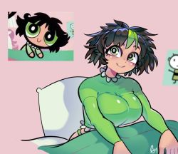 Rule 34 | 1girl, aged up, black hair, blush, breasts, buttercup (ppg), buttercup redraw challenge (meme), derivative work, green eyes, green hair, green pajamas, gyabu, large breasts, looking at viewer, meme, messy hair, midriff, multicolored hair, pajamas, pillow, powerpuff girls, reference inset, screenshot inset, screenshot redraw, shadow, smile, solo, streaked hair, under covers