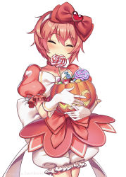 Rule 34 | 1girl, absurdres, bloomers, candy, cowboy shot, doki doki literature club, dress, eating, closed eyes, food, gloves, hair ornament, halloween bucket, heart, heart hair ornament, highres, magical girl, oregaihanboshi, red dress, red ribbon, ribbon, sayori (doki doki literature club), simple background, smile, solo, twitter username, underwear, white background, white gloves
