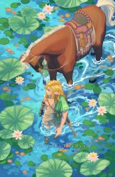 Rule 34 | 1boy, absurdres, archaic set (zelda), artist name, blonde hair, blue eyes, bow, commentary, english commentary, epona, highres, horse, jasmin bythebay, lily pad, link, long hair, looking to the side, male focus, nintendo, pointy ears, the legend of zelda, the legend of zelda: tears of the kingdom, wading, walking, water, water lily flower, weapon, weapon on back