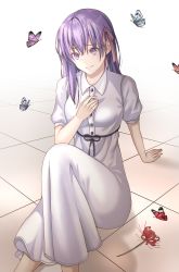 Rule 34 | 1girl, absurdres, arm support, bug, butterfly, dress, fate/stay night, fate (series), flower, heaven&#039;s feel, highres, hwa n01, insect, long hair, looking at viewer, matou sakura, official alternate costume, pink ribbon, purple eyes, purple hair, ribbon, solo, spider lily, tile floor, tiles, white dress