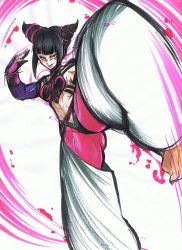 Rule 34 | 1girl, abs, bad id, bad pixiv id, baggy pants, barefoot, black hair, bracelet, breasts, capcom, chinese clothes, drill hair, dudou, foreshortening, halterneck, han juri, jewelry, kicking, lips, marimo (yousei ranbu), motion blur, nail polish, pants, purple eyes, short twintails, sideboob, solo, spiked bracelet, spiked hair, spikes, standing, standing on one leg, street fighter, toenail polish, toenails, twin drills, twintails