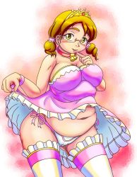 Rule 34 | 1girl, ami fujikawa, bare shoulders, bell, belly, blush, breasts, fat, glasses, highres, large breasts, light brown hair, looking at viewer, obese, orizen, smile, solo, standing, tiara, yellow eyes