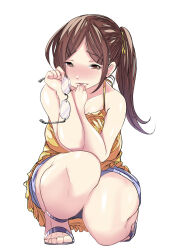 Rule 34 | 1girl, bbb577, blue shorts, blush, breasts, brown eyes, brown hair, camisole, chinese commentary, commentary request, full body, glasses, hair ornament, hairpin, highres, holding, holding removed eyewear, large breasts, original, ponytail, sandals, shorts, solo, squatting, thick arms, thick thighs, thighs, unworn eyewear, yellow camisole