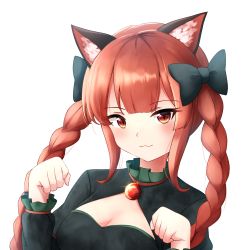 Rule 34 | 1girl, :3, adapted costume, animal ear fluff, animal ears, black bow, blunt bangs, blush, bow, braid, breasts, cat ears, cleavage cutout, clothing cutout, dress, glint, green dress, hair bow, hands up, highres, juliet sleeves, kaenbyou rin, kuneamorai, long hair, long sleeves, looking at viewer, medium breasts, paw pose, puffy sleeves, red eyes, red hair, sidelocks, simple background, slit pupils, solo, touhou, twin braids, twintails, upper body, white background