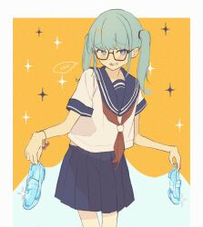 Rule 34 | 1girl, aqua hair, bead bracelet, beads, blue eyes, blue sailor collar, bracelet, cinderella (vocaloid), commentary, glass slipper, glasses, hatsune miku, highres, holding, holding shoes, jewelry, kii (kiiui), long hair, looking at viewer, neckerchief, open mouth, pleated skirt, red neckerchief, sailor collar, school uniform, serafuku, shoes, short sleeves, simple background, skirt, solo, sparkle, symbol-only commentary, twintails, vocaloid