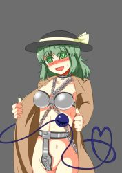 Rule 34 | 1girl, blush, breasts, chain, chastity belt, chastity bra, green eyes, green hair, heart, heart-shaped pupils, komeiji koishi, long hair, matching hair/eyes, open clothes, open mouth, simple background, smile, solo, standing, symbol-shaped pupils, touhou