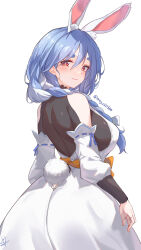 Rule 34 | 1girl, absurdres, animal ear fluff, animal ears, ass, blue hair, blush, braid, breasts, clothing cutout, commentary request, dress, highres, hololive, large breasts, lolifreak, long hair, looking at viewer, looking back, mature female, multicolored hair, pekomama, rabbit ears, rabbit girl, rabbit tail, red eyes, short eyebrows, simple background, smile, solo, tail, tail through clothes, thick eyebrows, virtual youtuber, white hair