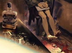 Rule 34 | abuse, alcohol, ambiguous gender, bare legs, barefoot, blood, blood on feet, book, bottle, broken glass, chair, glass, head out of frame, indoors, long sleeves, original, shio (s alt shio), sitting, solo, spill