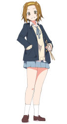 Rule 34 | 1girl, blue skirt, brown eyes, brown footwear, brown hair, cardigan, full body, hairband, hand in pocket, ixy, k-on!, looking at viewer, pleated skirt, shoes, short hair, simple background, skirt, smile, socks, solo, standing, tainaka ritsu, white background, yellow cardigan, yellow hairband