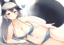 Rule 34 | 10s, 1girl, :o, absurdres, animal ears, bikini, blue bikini, blush, breasts, cleavage, collarbone, commentary, extra ears, fox ears, fox tail, hair between eyes, highres, kanzakietc, kemono friends, long hair, looking at viewer, lying, medium breasts, navel, on side, orange eyes, silver fox (kemono friends), silver hair, simple background, solo, swimsuit, tail, white background