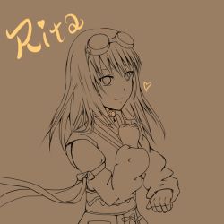 Rule 34 | 00s, 1girl, alternate hairstyle, brown background, brown theme, character name, gloves, goggles, heart, long hair, monochrome, rita mordio, sepia, solo, tales of (series), tales of vesperia
