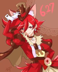 Rule 34 | 10s, 1girl, animal ears, bow, brown background, brown necktie, chocokin, choker, closed mouth, cure chocolat, dated, dog ears, earrings, extra ears, gloves, hand on own hip, jewelry, juliet sleeves, kenjou akira, kirakira precure a la mode, long sleeves, looking at viewer, magical girl, necktie, precure, puffy sleeves, red bow, red eyes, red hair, short hair, signature, simple background, smile, solo, swept bangs, upper body, white gloves