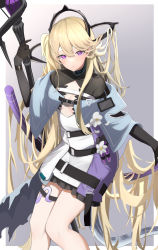 Rule 34 | 1girl, arknights, asumi maboroshi, belt, black belt, black gloves, blonde hair, dress, feet out of frame, flower, gloves, gradient background, grey background, hair between eyes, highres, holding, holding staff, indigo (arknights), long hair, looking at viewer, purple eyes, short dress, solo, staff, standing, thigh strap, very long hair, white flower