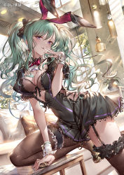 Rule 34 | 1girl, 77gl, breasts, breasts out, cleavage, dress, frilled dress, frilled skirt, frills, green hair, highres, lace, lace dress, large breasts, long hair, mole, mole on breast, purple eyes, shiny skin, short sleeves, skirt, twintails, virtual youtuber, vspo!, yakumo beni, yakumo beni (2nd costume)