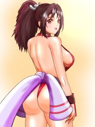 Rule 34 | 1girl, absurdres, ass, breasts, brown eyes, brown hair, fatal fury, highres, large breasts, legs, leotard, long hair, looking at viewer, looking back, ponytail, shiranui mai, smile, snk, solo, thick thighs, thighs, thong leotard