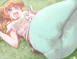 Rule 34 | &gt; &lt;, 1girl, :3, :d, ass, azusa-sensei, beads, blue eyes, blush, breast poke, breasts, brown hair, closed eyes, denim, dutch angle, flower, foreshortening, grass, hair flower, hair ornament, headpat, heart, heart-shaped pupils, huge ass, jeans, jewelpet (series), jewelpet happiness, jewelry, light brown hair, long hair, lying, mature female, medium breasts, midriff peek, necklace, on back, on ground, open mouth, outdoors, pants, pantylines, poking, rabbit, raised eyebrows, ruby (jewelpet), shimetta seiya, shirt, short hair, short sleeves, sidelocks, smile, solo, symbol-shaped pupils, taut clothes, taut shirt, tears, trefoil, wavy hair