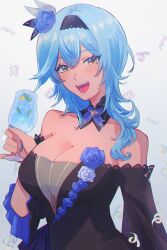 Rule 34 | 1girl, :d, absurdres, asymmetrical hair, black dress, black hairband, blue flower, blue hair, blue nails, blue rose, breasts, butterfly hair ornament, cleavage, cup, detached collar, dress, dress flower, eula (genshin concert) (genshin impact), eula (genshin impact), flower, genshin impact, gradient eyes, hair between eyes, hair flower, hair ornament, hairband, highres, holding, holding cup, kokomi (aniesuakkaman), large breasts, long hair, multicolored eyes, off-shoulder dress, off shoulder, official alternate costume, open mouth, rose, simple background, smile, solo