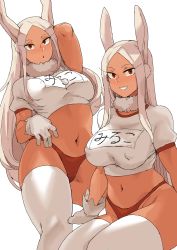 Rule 34 | 1girl, absurdres, animal ears, arm behind head, arm up, bikini, bikini bottom only, boku no hero academia, breasts, cameltoe, commentary, crop top, dark-skinned female, dark skin, forehead, foreshortening, gloves, groin, highleg, highleg bikini, highres, large breasts, long hair, looking at viewer, minakami (flyingman555), mirko, multiple views, name tag, navel, no bra, parted lips, rabbit ears, rabbit tail, red bikini, red eyes, shirt, short sleeves, simple background, smile, swimsuit, symbol-only commentary, tail, thighhighs, thighs, white gloves, white shirt, white thighhighs