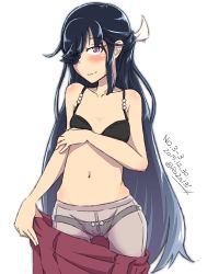 Rule 34 | 10s, 1girl, 2015, black bra, black panties, bow, bow panties, bra, breasts, clothes pull, collarbone, cowboy shot, crotch seam, dated, eyes visible through hair, grey pantyhose, hair over one eye, hair ribbon, hayashimo (kancolle), kantai collection, long hair, looking at viewer, navel, panties, panties under pantyhose, pantyhose, purple eyes, ribbon, ru2n131, simple background, skirt, skirt pull, small breasts, smile, solo, twitter username, underwear, undressing, very long hair, white background