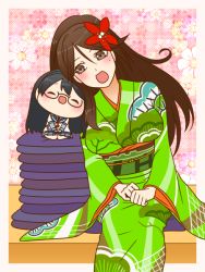 Rule 34 | 10s, 2girls, :d, amagi (kancolle), black hair, breasts, brown eyes, brown hair, chibi, closed eyes, floral background, flower, furisode, glasses, hair flower, hair ornament, hairband, hands on legs, japanese clothes, kantai collection, kimono, large breasts, leaf, leaf hair ornament, leaning to the side, long hair, maple leaf, mole, mole under eye, multiple girls, obi, ooyodo (kancolle), open mouth, pillow, pleated skirt, ponytail, sash, school uniform, seiza, serafuku, sitting, skirt, smile, v arms, yumaru (marumarumaru)