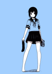 Rule 34 | 10s, 1girl, barefoot, blue background, blue theme, commentary request, female focus, fubuki (kancolle), full body, holding, holding shoes, holding socks, kantai collection, kouji (campus life), legs apart, looking to the side, low ponytail, monochrome, open mouth, pleated skirt, sailor collar, sailor shirt, school uniform, serafuku, shirt, shoes, unworn shoes, skirt, unworn socks, solo, standing