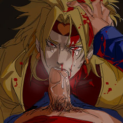 Rule 34 | 2boys, absurdres, age difference, ashva, blonde hair, blood, blood stain, crying, crying with eyes open, dio brando, erection, fellatio, grabbing another&#039;s hair, hand on another&#039;s head, highres, jojo no kimyou na bouken, kuujou joutarou, long hair, male focus, male pubic hair, multiple boys, oral, pov, pubic hair, red eyes, stardust crusaders, stardust crusaders (ova), tears, vampire, yaoi