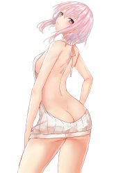 Rule 34 | 1girl, alternate hairstyle, arched back, ass, backless dress, backless outfit, bare back, bare shoulders, breasts, butt crack, closed mouth, dimples of venus, drawstring, dress, fate/grand order, fate (series), from behind, hair between eyes, halterneck, highres, large breasts, light purple hair, looking at viewer, looking back, mash kyrielight, meme attire, naked sweater, pink hair, purple eyes, pursed lips, ribbed sweater, short hair with long locks, sideboob, sidelocks, simple background, solo, sweater, sweater dress, thighs, turtleneck, turtleneck sweater, virgin killer sweater, wenhe, white background, white sweater