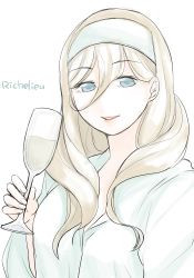 Rule 34 | 1girl, alcohol, blonde hair, blouse, blue eyes, bobokuboboku, character name, commentary request, cup, drinking glass, green shirt, hair between eyes, headband, holding, holding cup, kantai collection, long hair, long sleeves, open collar, richelieu (kancolle), shirt, solo, white background, white headband, white shirt, wine, wine glass